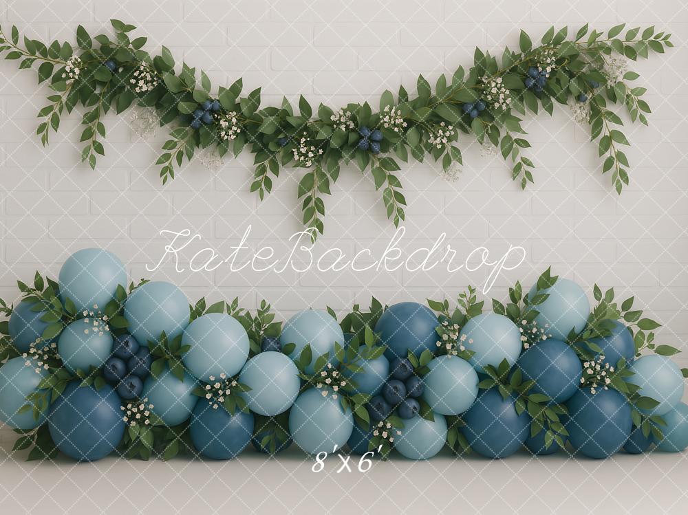Kate Blue Balloons Greenery Brick Backdrop Designed by Ashley Paul
