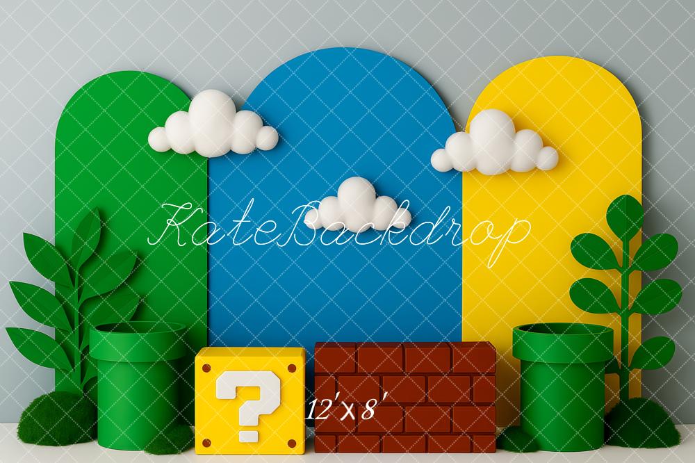 Kate Cartoon Game Pipes Clouds Blocks Backdrop Designed by Patty Roberts