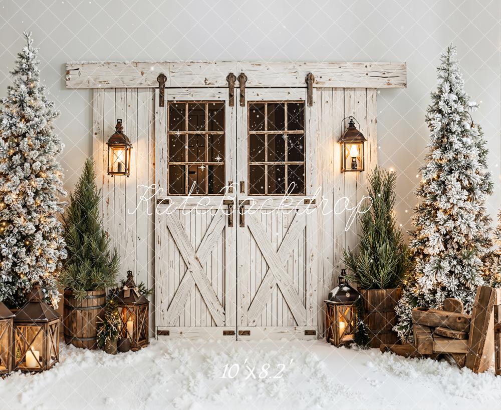 Kate Winter Barn Door Snow Trees Fleece Backdrop Designed by Emetselch