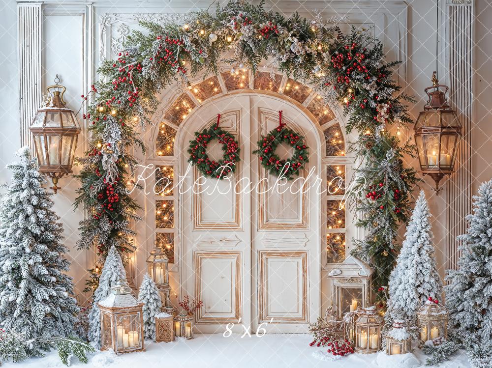 Kate Christmas Door Snowy Trees Fleece Backdrop Designed by Emetselch