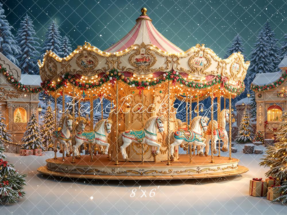 Kate Carousel Christmas Snow Fleece Backdrop Designed by Chain - Kate Backdrop AU