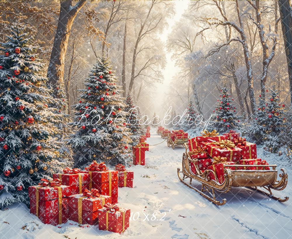 Kate Christmas Snowy Forest Gift Sleighs Fleece Backdrop Designed by Emetselch