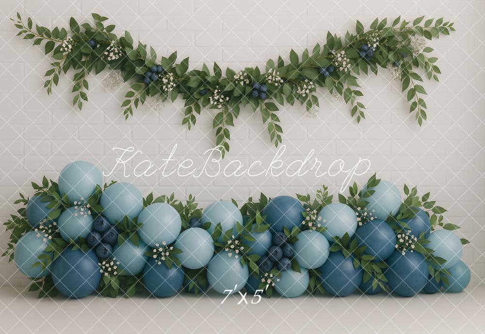 Kate Blue Balloons Greenery Brick Backdrop Designed by Ashley Paul