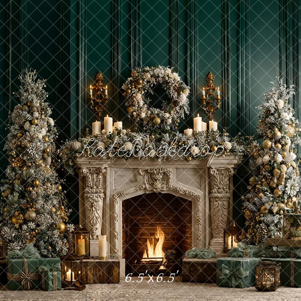 Kate Christmas Fireplace Garland Candles Green Wall Backdrop Designed by Emetselch - Kate Backdrop AU