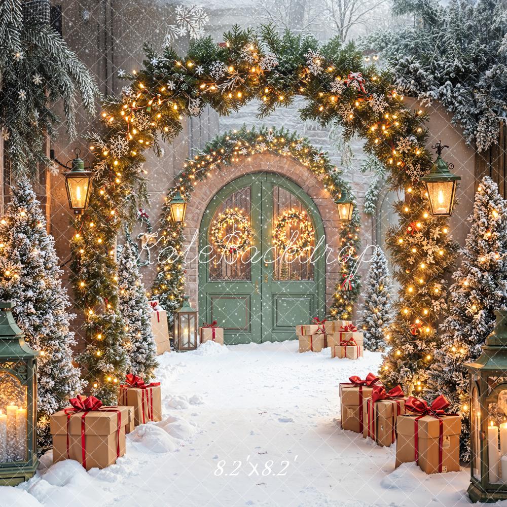 Kate Christmas Archway Snowy Trees Presents Backdrop Designed by Emetselch