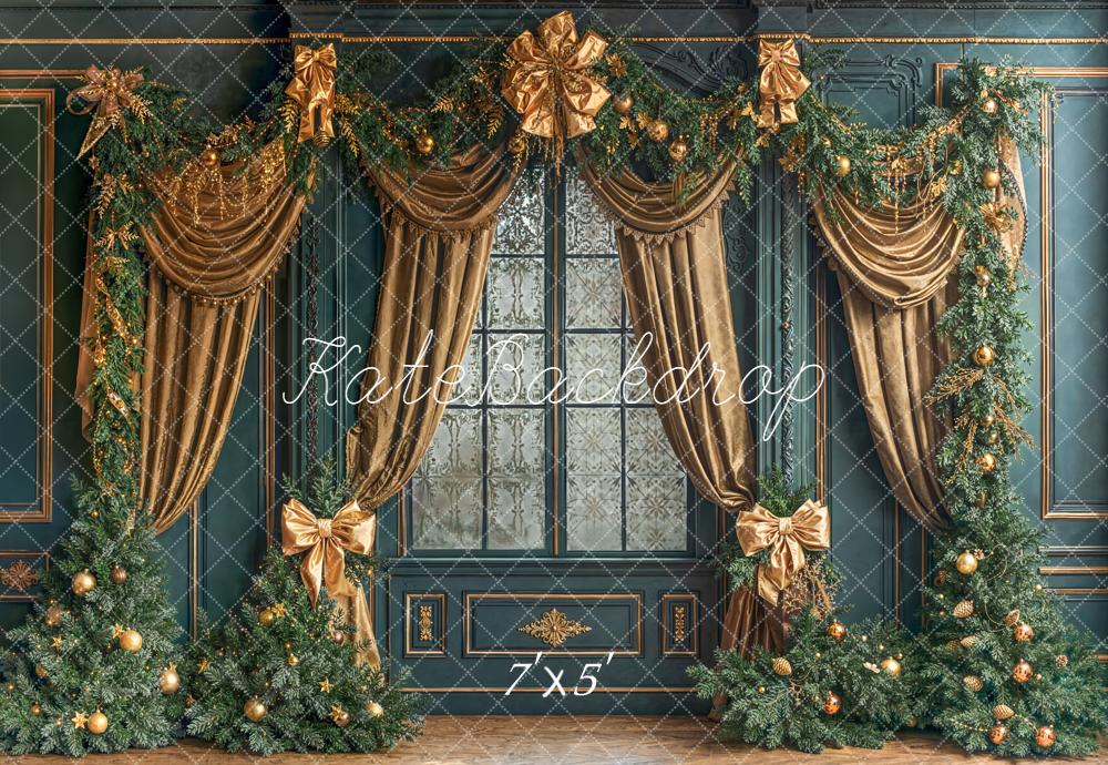 Kate Christmas Gold Curtains Window Garland Backdrop Designed by Emetselch