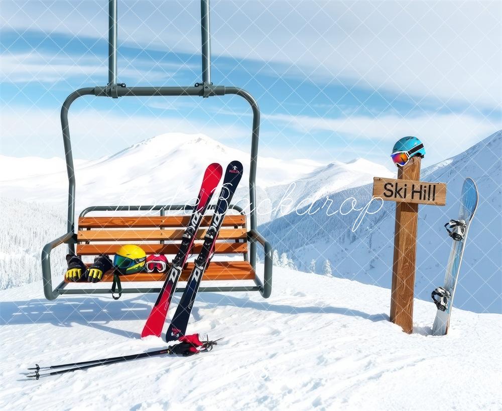 Kate Ski Hill Chairlift Skis Snowy Mountains Backdrop Designed by Laura Bybee - Kate Backdrop AU