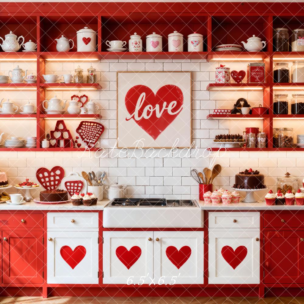 Kate Valentine Red Kitchen Hearts Backdrop Designed by Emetselch
