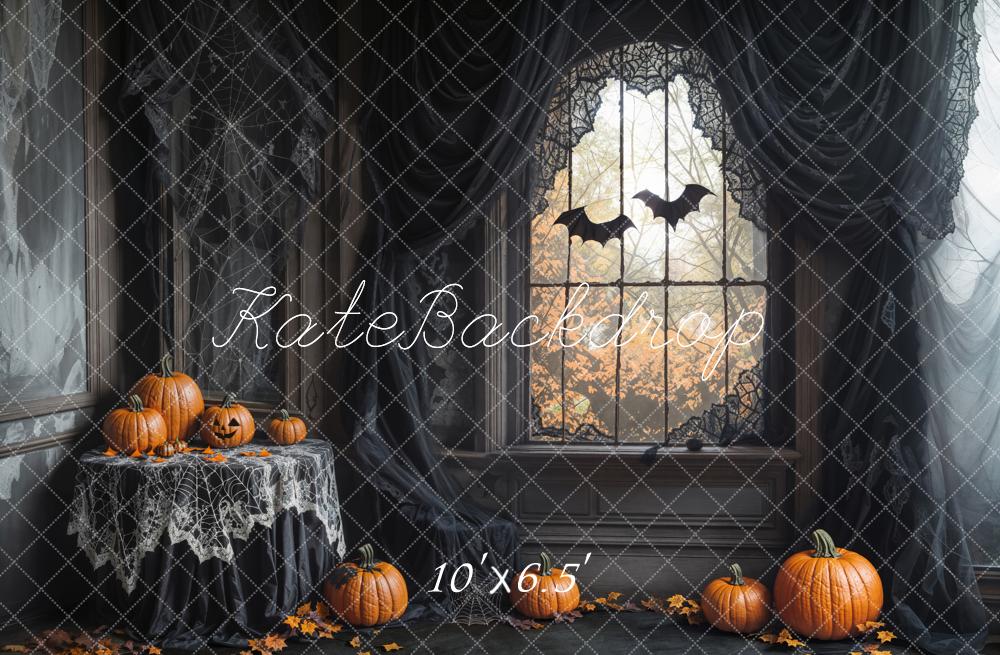 Kate Halloween Pumpkins Bats Spiderweb Fleece Backdrop Designed by Emetselch