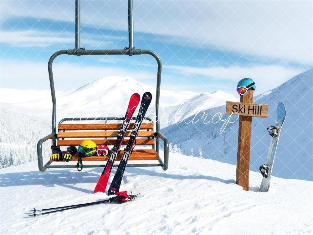 Kate Ski Hill Chairlift Skis Snowy Mountains Backdrop Designed by Laura Bybee - Kate Backdrop AU