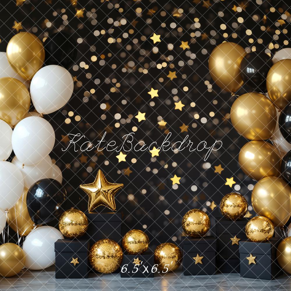 Kate Black Gold White Balloons Star Backdrop Designed by Emetselch