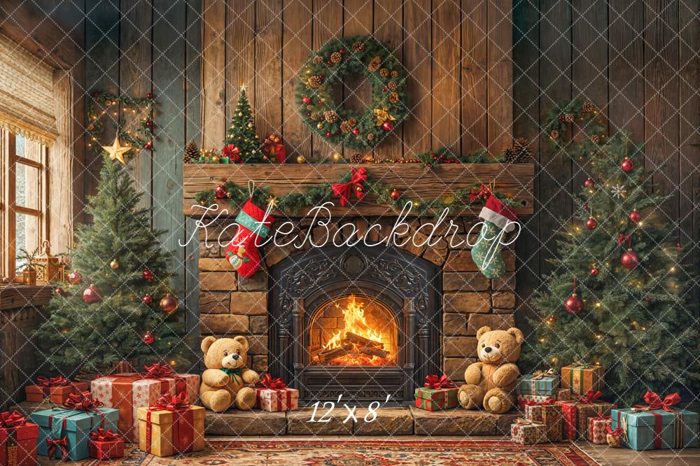Kate Christmas Fireplace Trees Presents Backdrop Designed by Emetselch