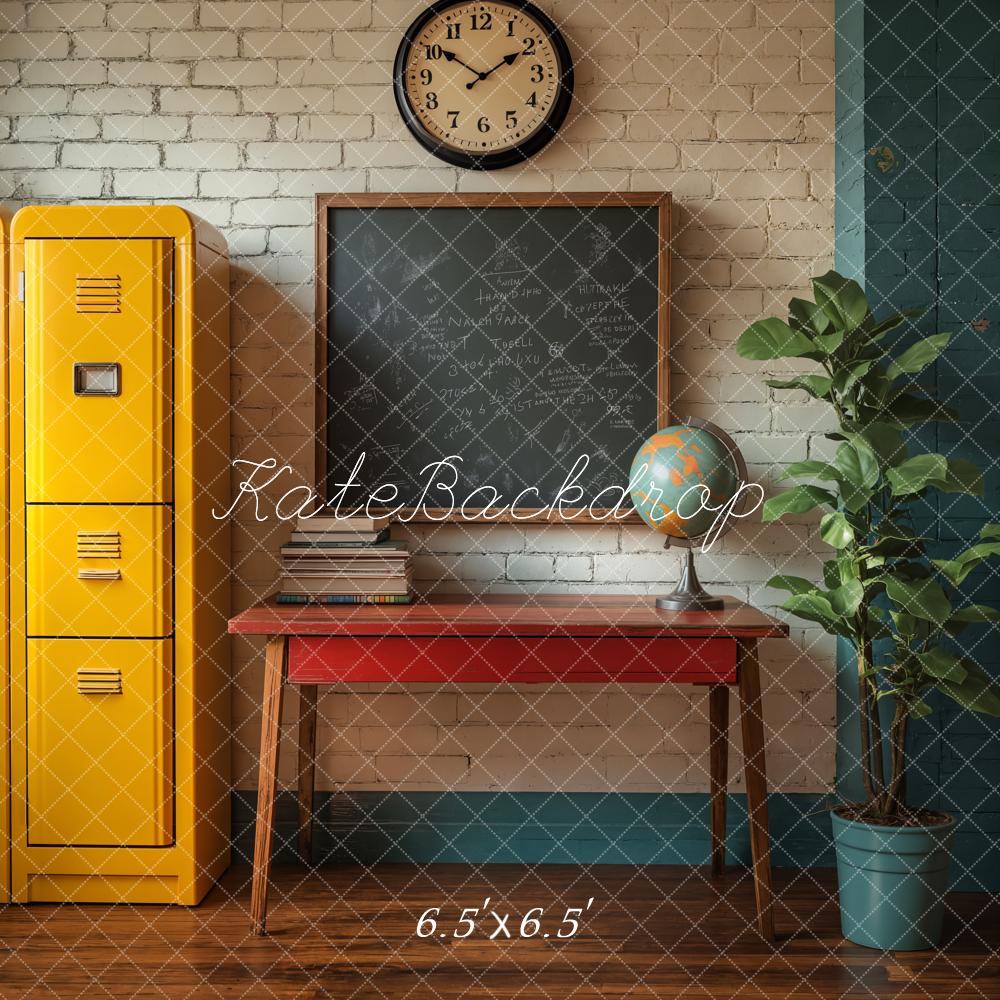 Kate Back to School Yellow Lockers Chalkboard Globe Backdrop Designed by Emetselch - Kate Backdrop AU