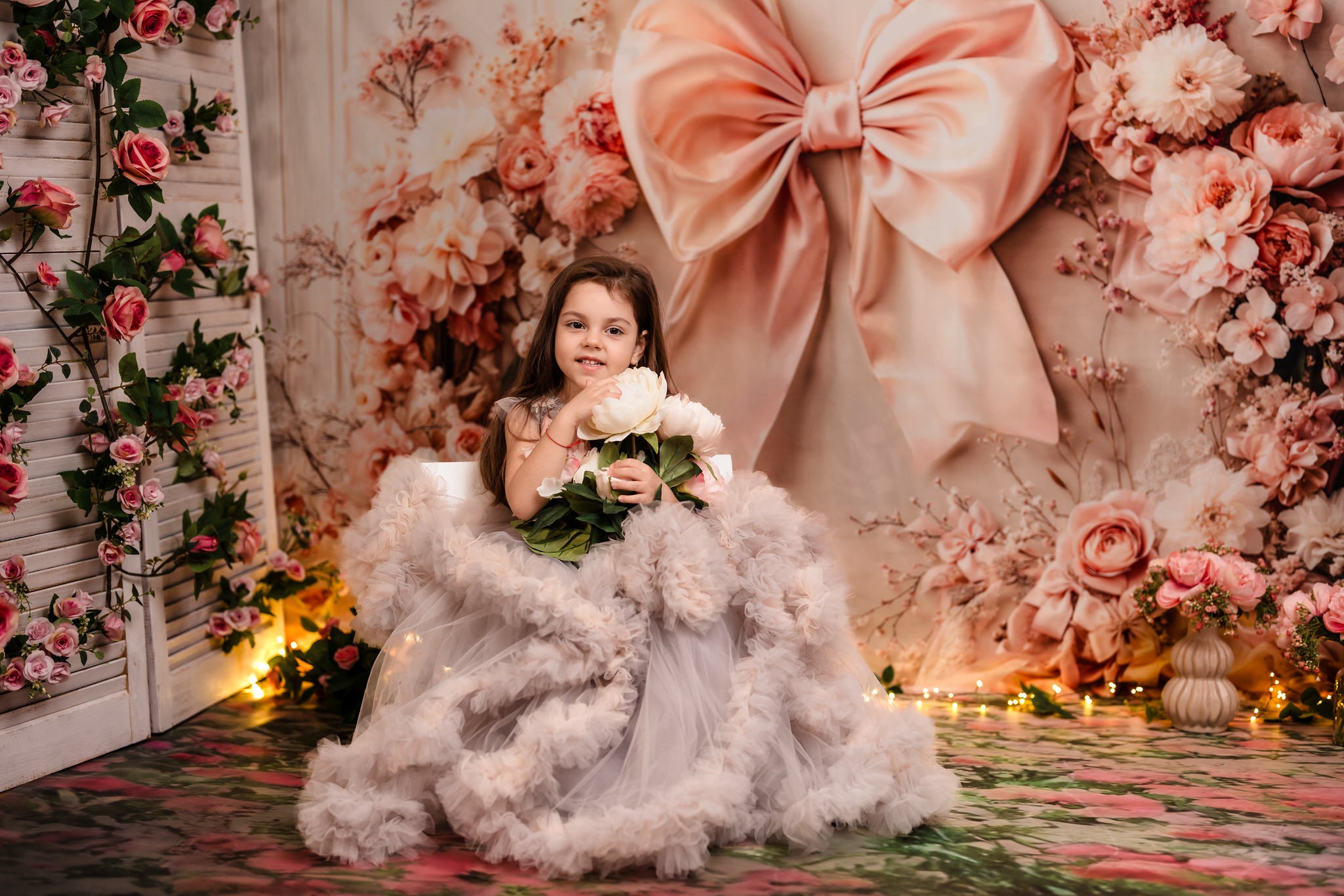 Kate Pink Flowers Bow Backdrop Designed by Emetselch