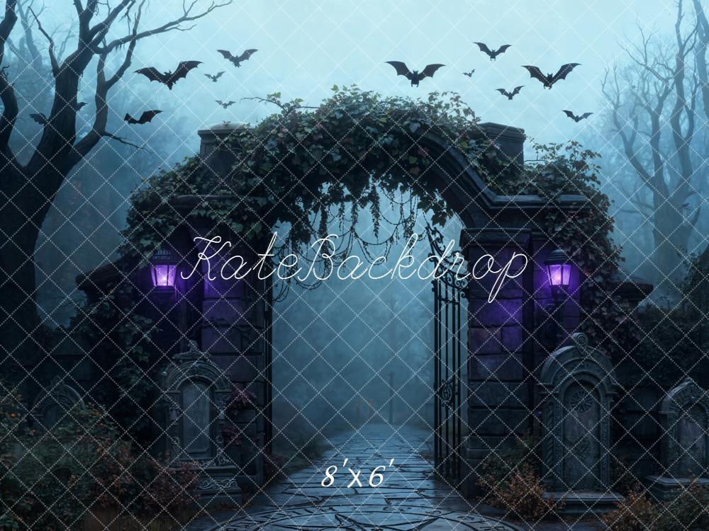 Kate Halloween Graveyard Gate Bats Fleece Backdrop Designed by Emetselch