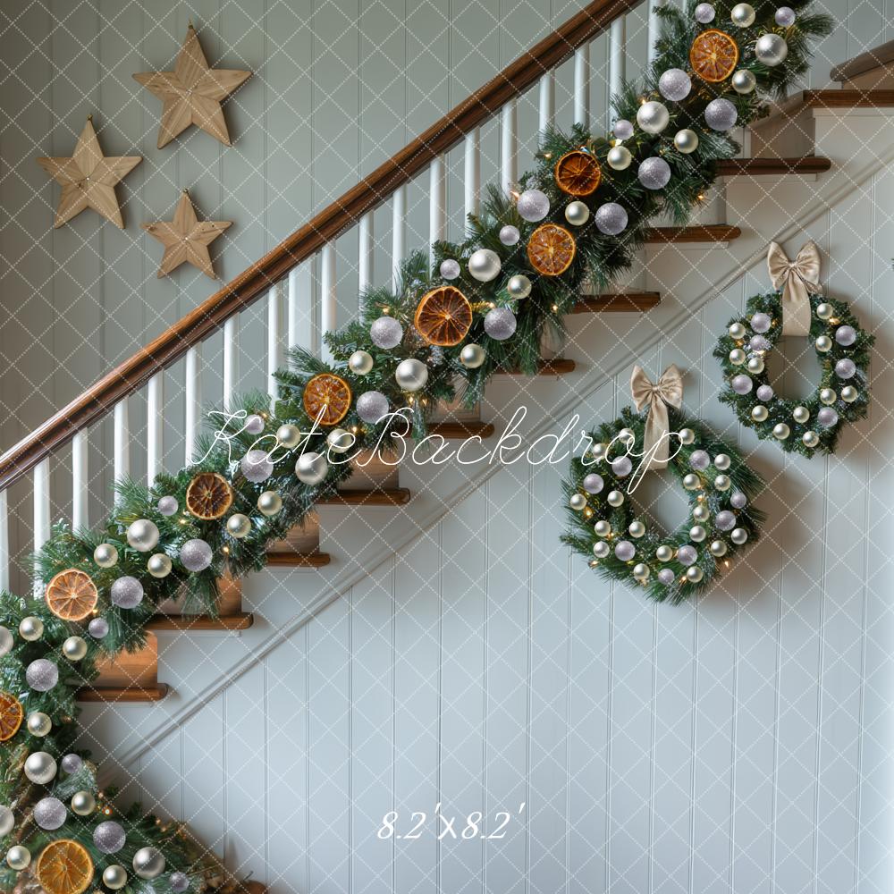 Kate Christmas Staircase Garland Stars Wreaths Backdrop Designed by Mini MakeBelieve - Kate Backdrop AU