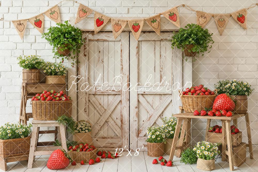 Kate Spring Strawberry Baskets Retro Doors Fleece Backdrop Designed by Emetselch
