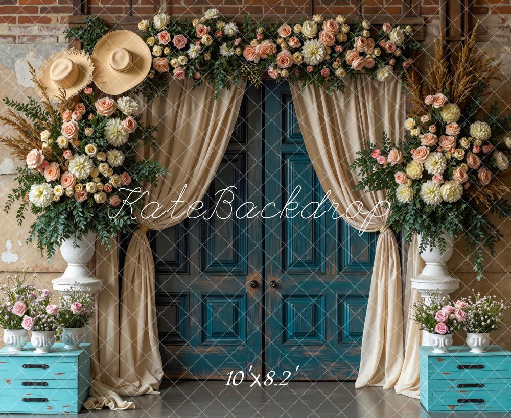 Kate Flower Arch Blue Door Hats Backdrop Designed by Mini MakeBelieve