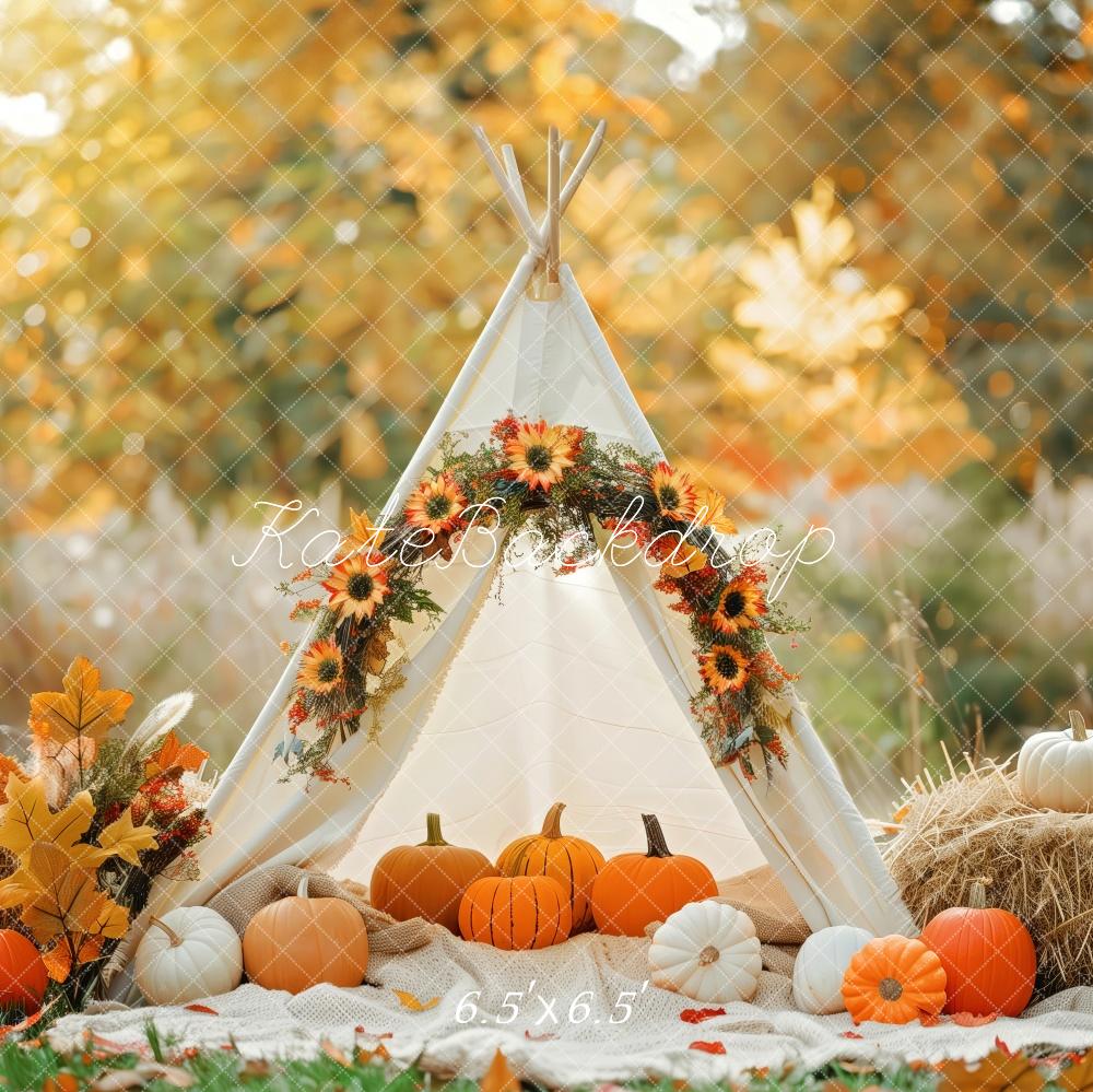 Kate Autumn Teepee Pumpkins Hay Bales Backdrop Designed by Patty Roberts