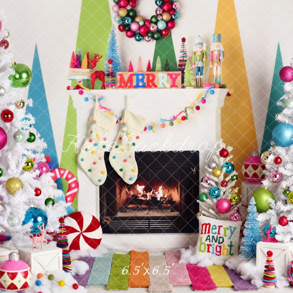 Kate Christmas Fireplace Trees Colourful Backdrop Designed by Mandy Ringe