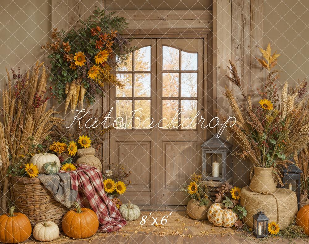 Kate Fall Pumpkins Sunflowers Rustic Fleece Backdrop Designed by Emetselch