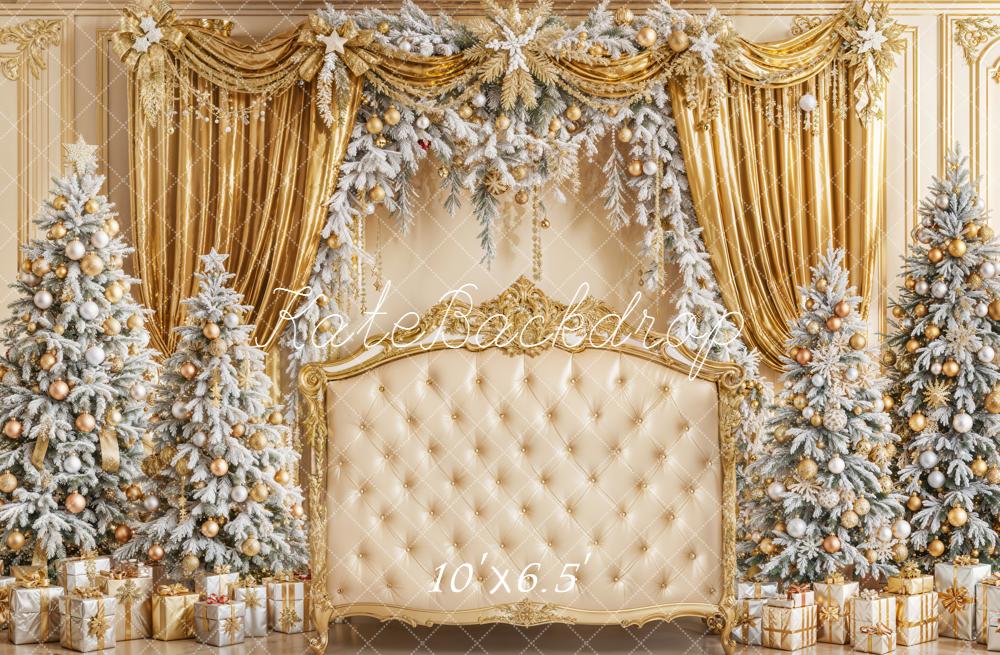 Kate Christmas Gold Curtains Frosted Trees Throne Backdrop Designed by Emetselch - Kate Backdrop AU