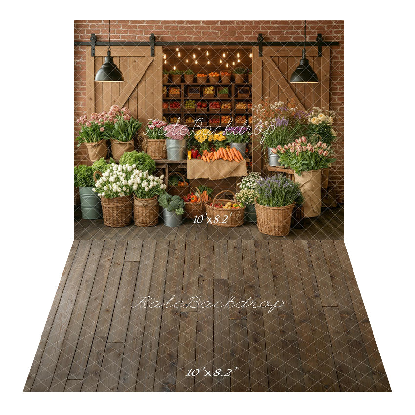 Kate Flower Market Baskets Vegetables Backdrop+Wood Texture Vintage Backdrop