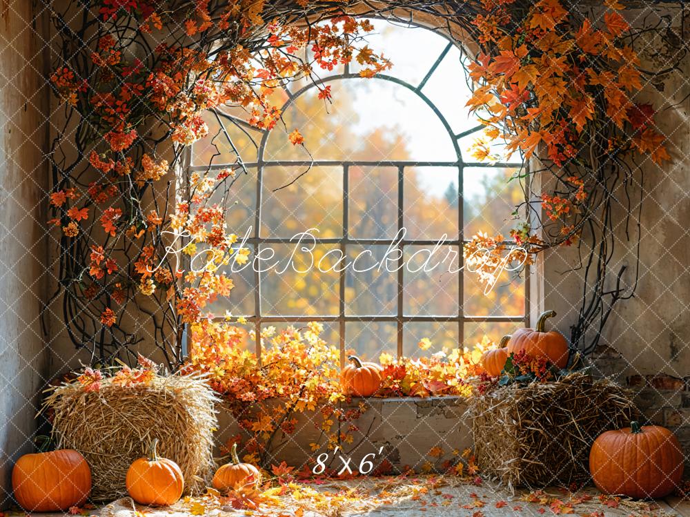 Kate Autumn Window Pumpkins Hay Backdrop Designed by Emetselch