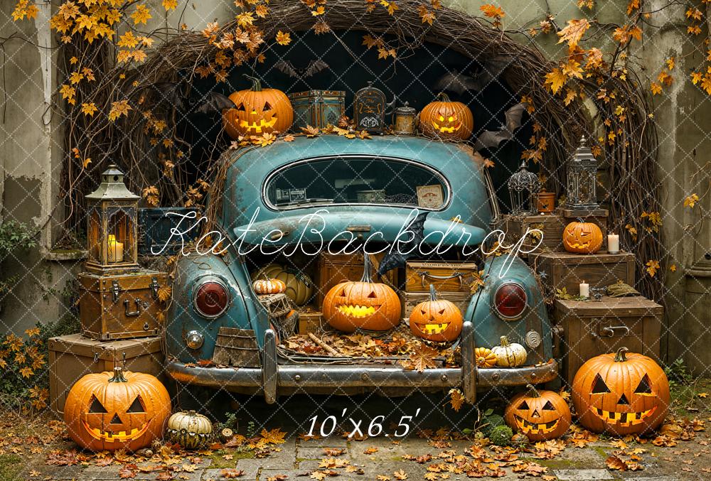 Kate Halloween Vintage Car Pumpkins Fleece Backdrop Designed by Emetselch