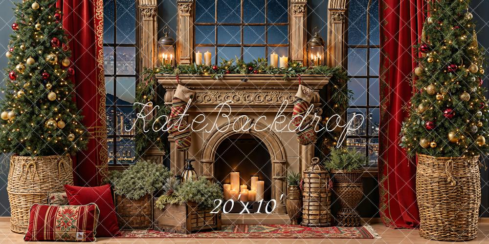 Kate Christmas Fireplace Windows Night Backdrop Designed by Emetselch - Kate Backdrop AU