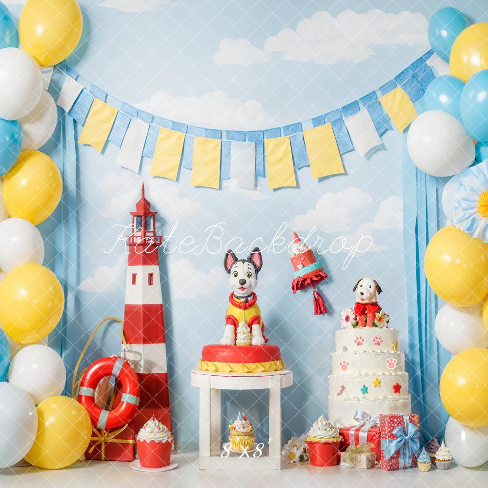 Kate Cake Smash Lighthouse Puppy Balloons Backdrop Designed by Emetselch