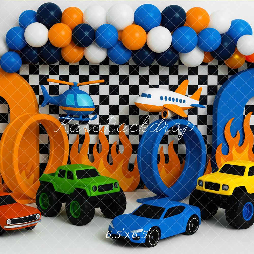 Kate Racing Cars Plane Helicopter Flames Backdrop Designed by Mini MakeBelieve