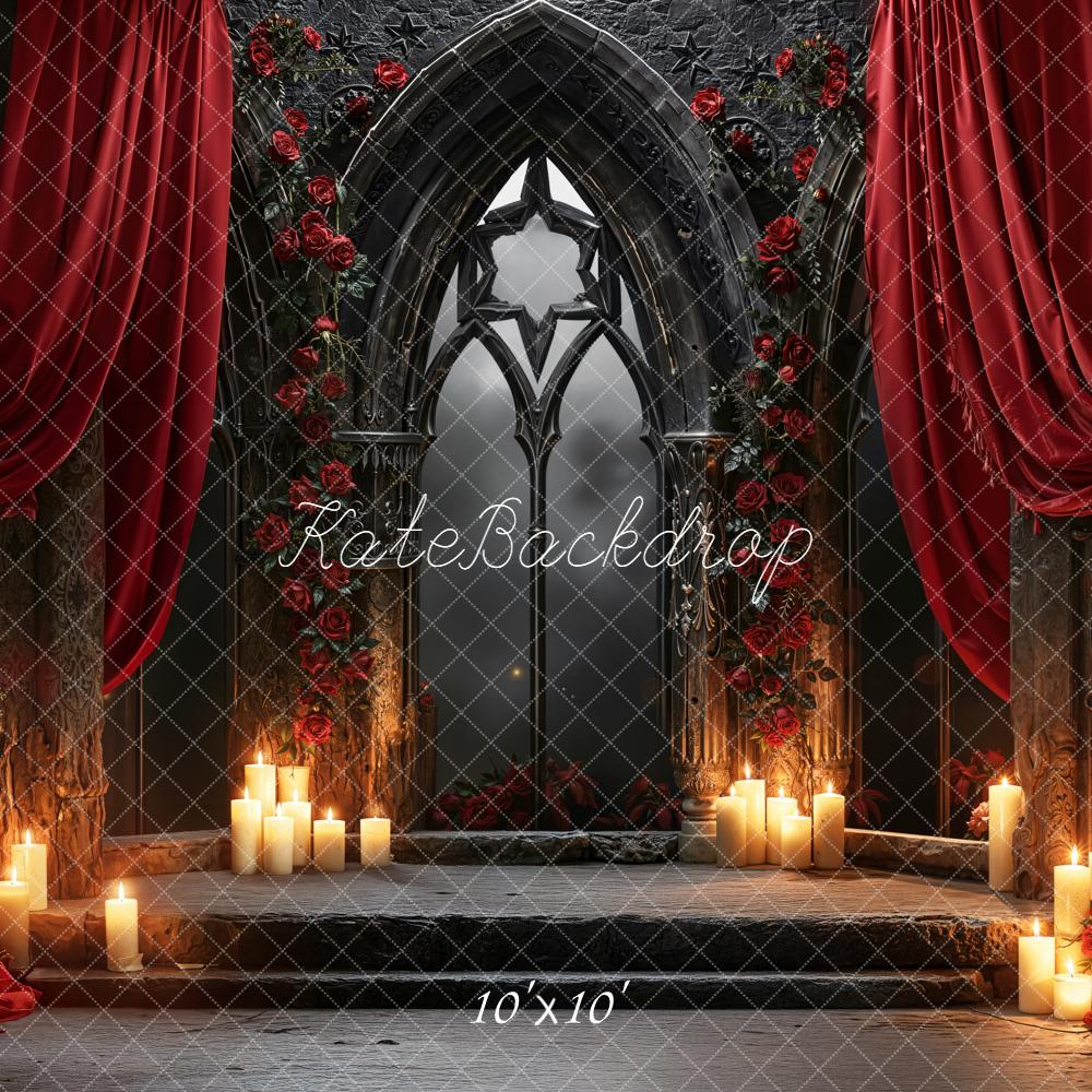 Kate Gothic Arch Red Drapes Roses Candles Backdrop Designed by Emetselch