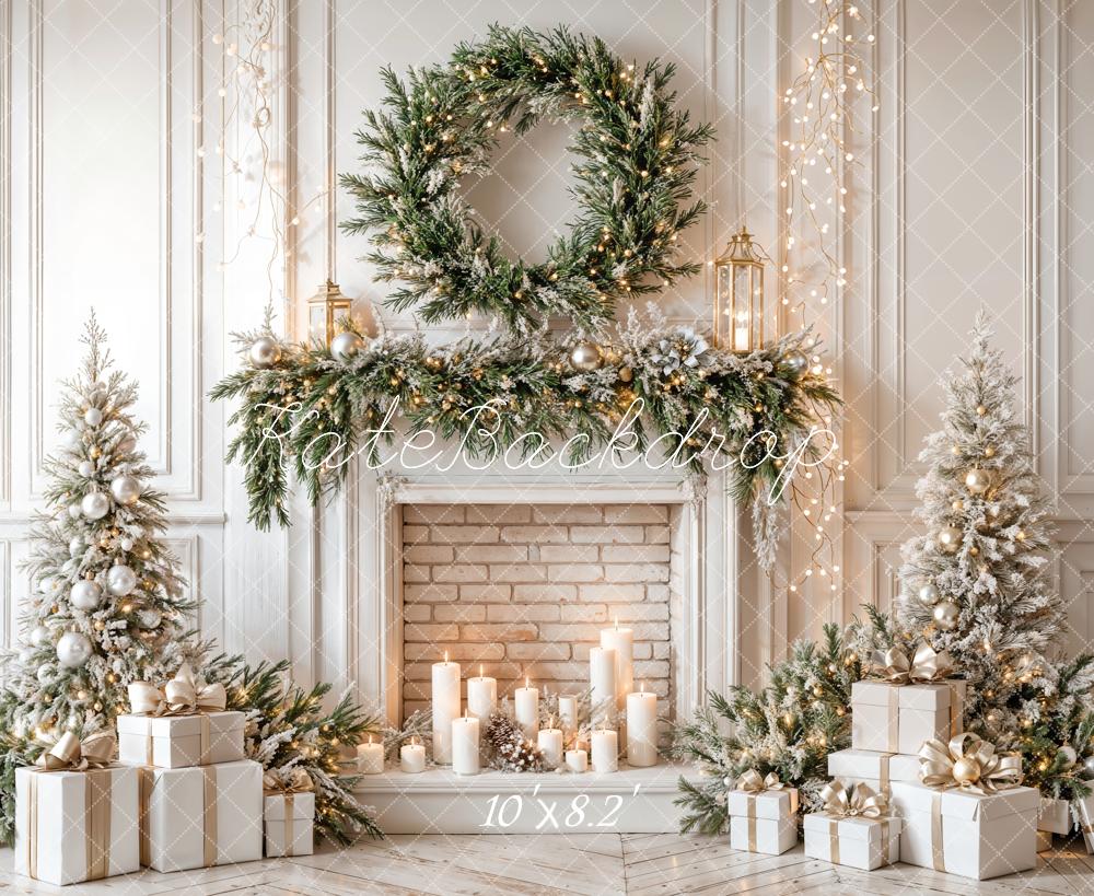 Kate Christmas Fireplace Wreath Trees Backdrop Designed by Emetselch