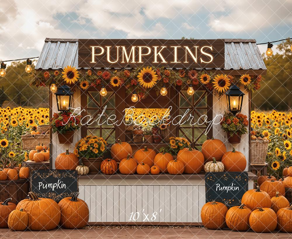 Kate Fall Pumpkin Stand Sunflowers Fleece Backdrop Designed by Emetselch - Kate Backdrop AU