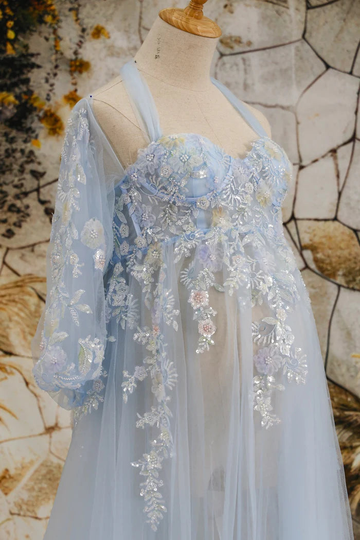 Kate Mesh Hanging Neck Mid Sleeve Trailing Maternity Photoshoot Dress - Kate Backdrop AU