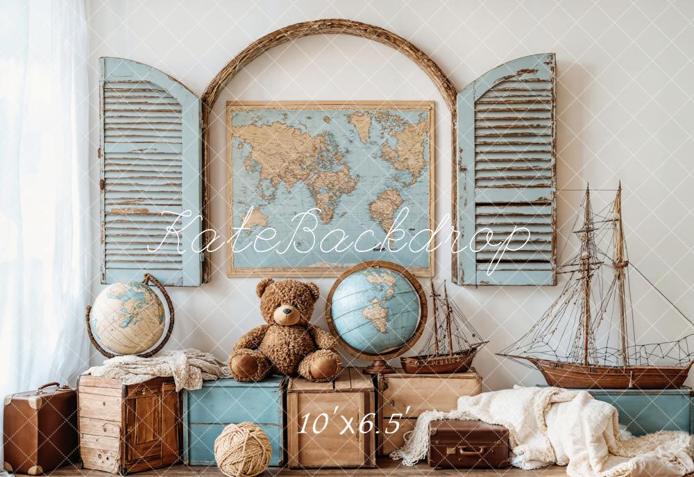 Kate Vintage Travel Maps Globes Ships Fleece Backdrop Designed by Emetselch - Kate Backdrop AU