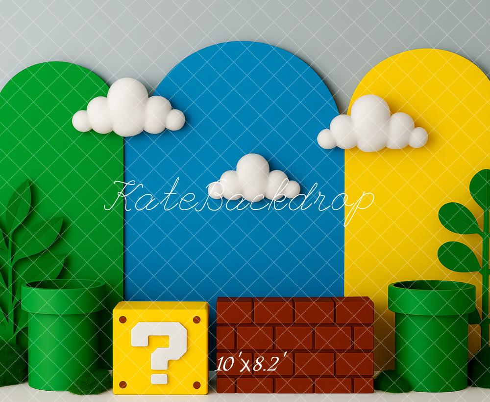 Kate Cartoon Game Pipes Clouds Blocks Backdrop Designed by Patty Roberts