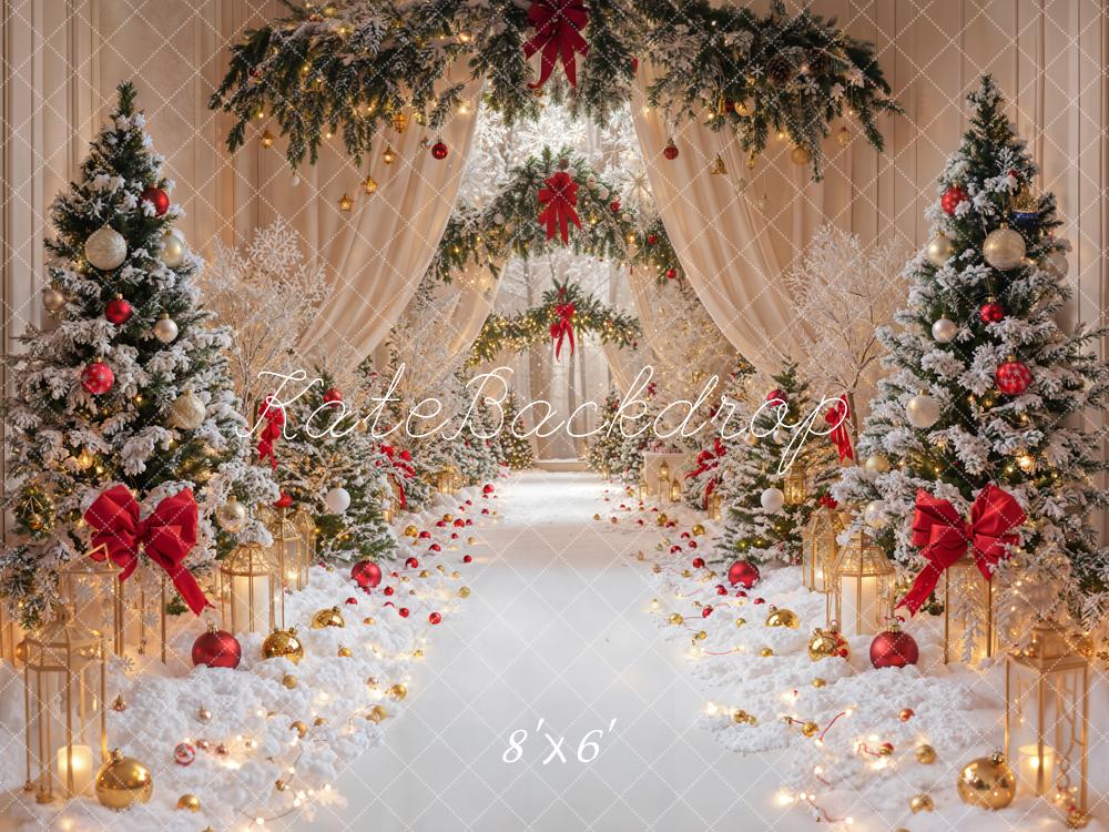 Kate Christmas Snowy Trees Red Bows Fleece Backdrop Designed by Emetselch - Kate Backdrop AU