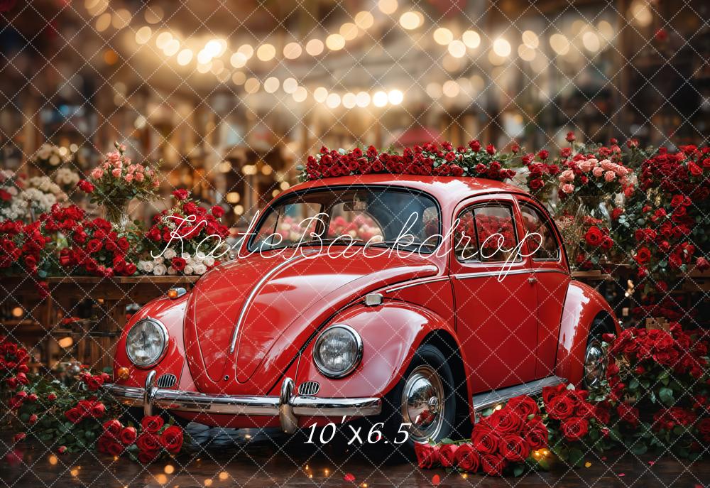 Kate Red Vintage Car Roses Bokeh Fleece Backdrop Designed by Emetselch