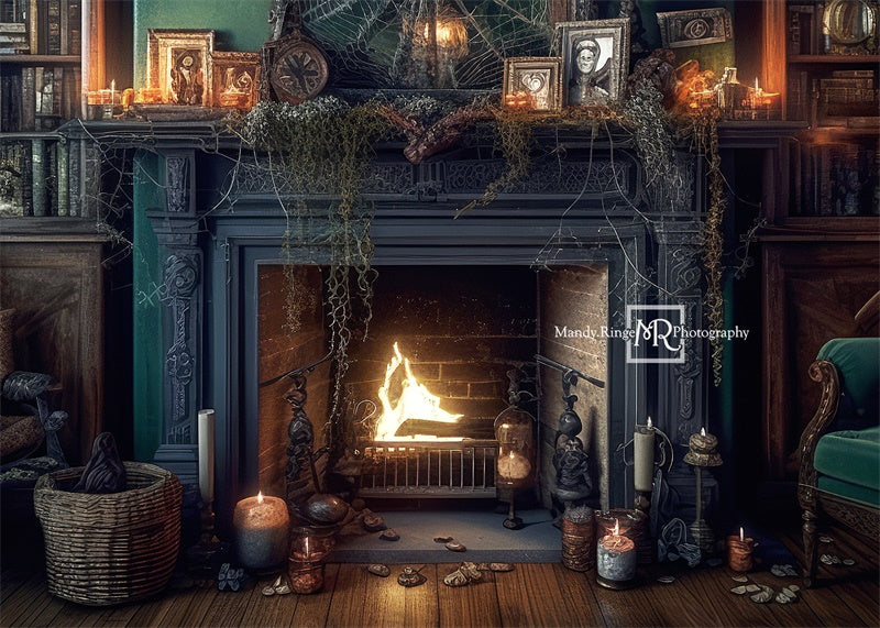 Kate Halloween Fireplace Cobweb Candles Vintage Backdrop Designed by Mandy Ringe - Kate Backdrop AU