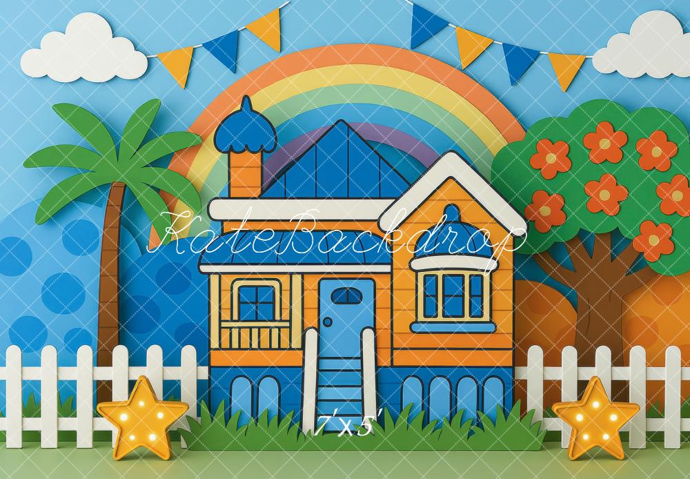 Kate Cartoon House Rainbow Garden Backdrop Designed by Mini MakeBelieve