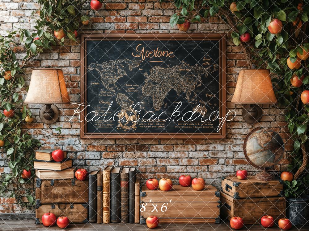 Kate Vintage Brick Wall World Map Apples Backdrop Designed by Emetselch - Kate Backdrop AU