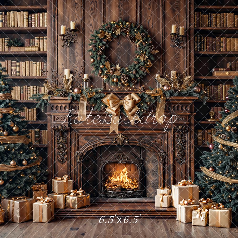Kate Christmas Fireplace Bookshelves Trees Backdrop Designed by Emetselch - Kate Backdrop AU