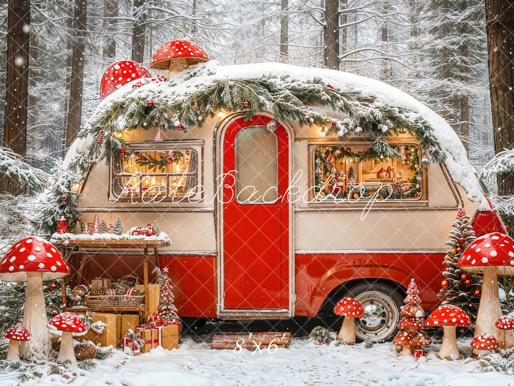 Kate Christmas Caravan Forest Mushrooms Fleece Backdrop Designed by Emetselch - Kate Backdrop AU