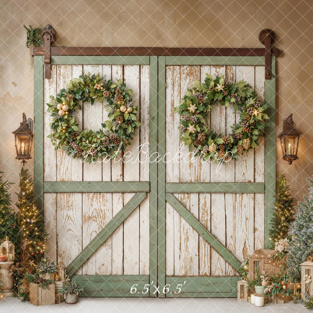Kate Christmas Green Barn Door Wreaths Trees Backdrop Designed by Emetselch