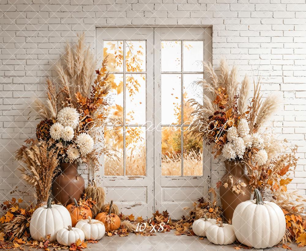 Kate Fall Pumpkins Floral White Brick Fleece Backdrop Designed by Emetselch