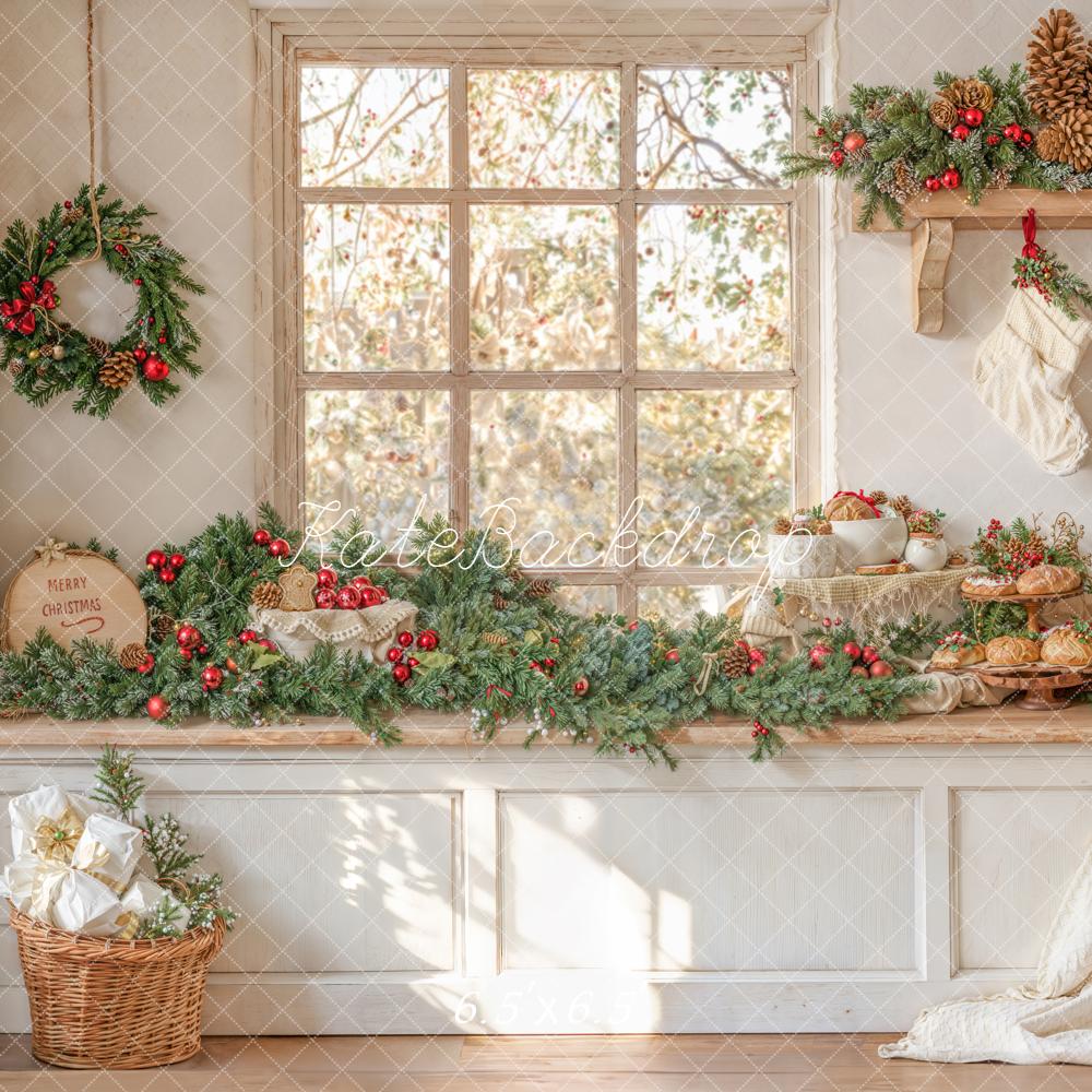 Kate Christmas Window Garland Stockings Pinecones Backdrop Designed by Emetselch - Kate Backdrop AU