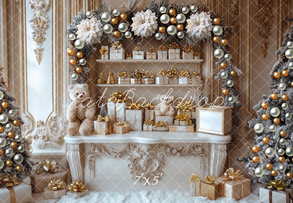 Kate Christmas Gold White Presents Shelf Garland Backdrop Designed by Mini MakeBelieve - Kate Backdrop AU