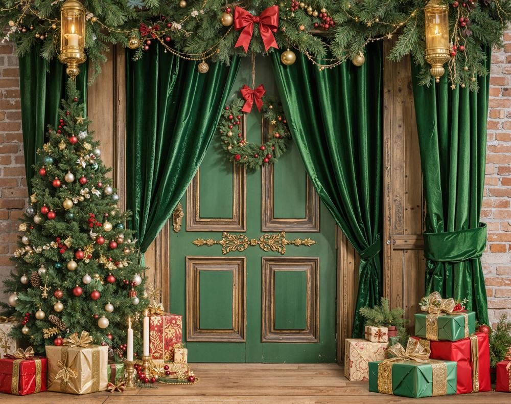 Kate Christmas Green Door Tree Gifts Fleece Backdrop Designed by GQ - Kate Backdrop AU